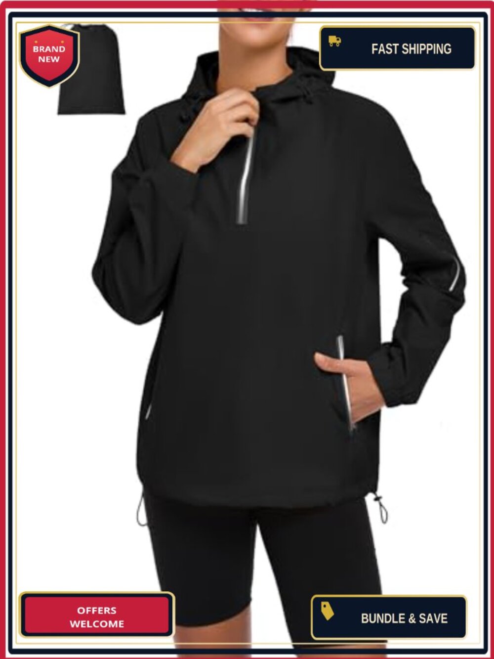 Women's Waterproof Packable Pullover Rain Jacket with Hood, 1/4 Zip, Reflective